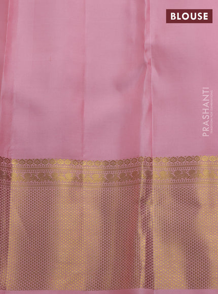Pure kanchipuram silk saree red and mild peach with allover zari woven leheriya weaves and rich zari woven border