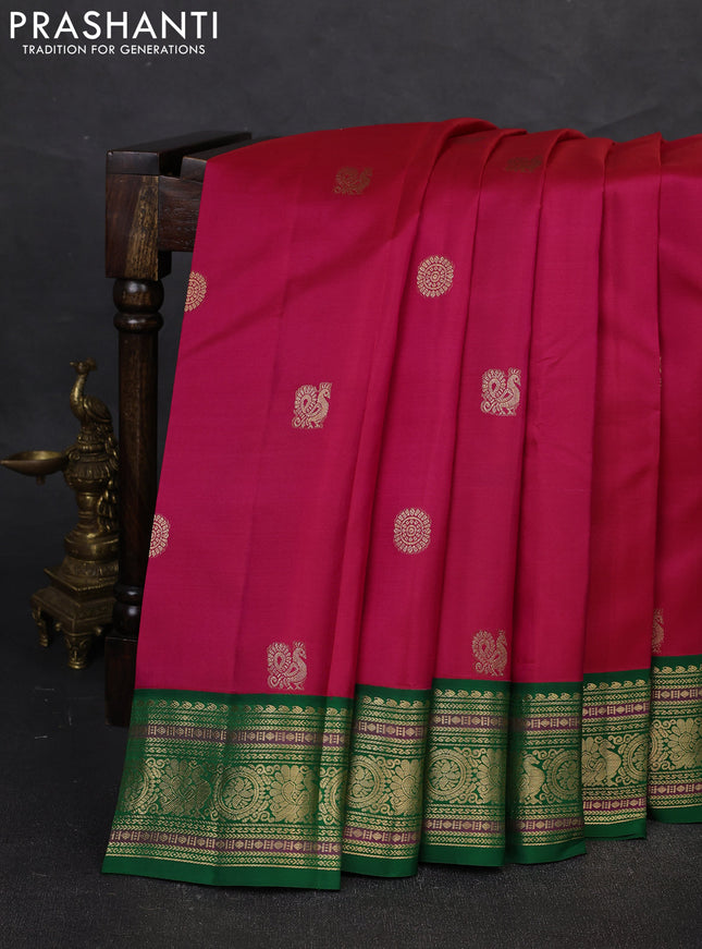 Pure kanchipuram silk saree pink and green with annam & rudhraksha zari woven buttas and rich zari woven korvai border