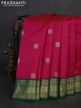 Pure kanchipuram silk saree pink and green with annam & rudhraksha zari woven buttas and rich zari woven korvai border