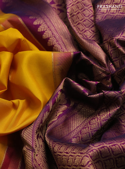 Pure kanchipuram silk saree yellow and purple with annam & rudhraksha zari woven buttas and rich zari woven korvai border