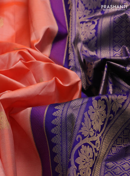 Pure kanchipuram silk saree peach orange and blue with annam & rudhraksha zari woven buttas and rich zari woven korvai border