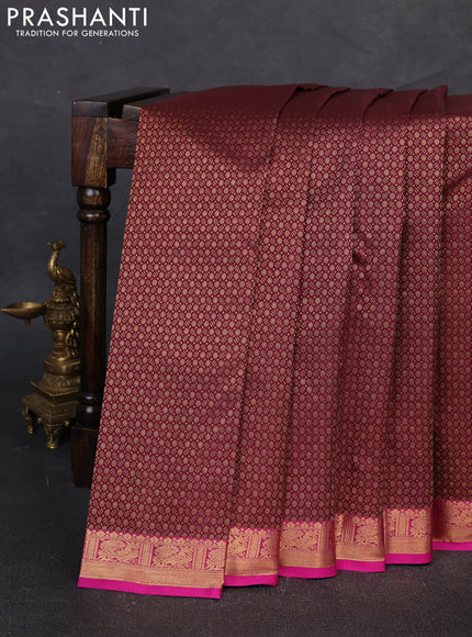Pure kanchipuram silk saree deep maroon and pink with allover zari woven brocade weaves and small zari woven border