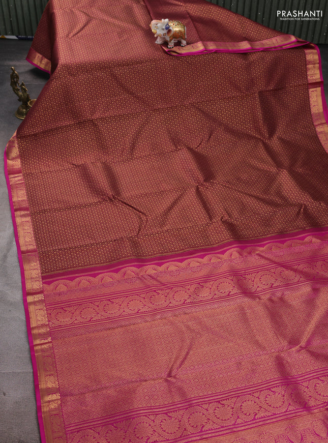 Pure kanchipuram silk saree deep maroon and pink with allover zari woven brocade weaves and small zari woven border