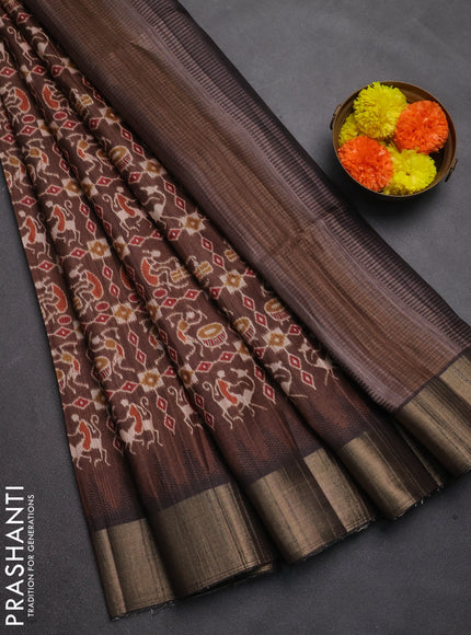 Semi matka saree coffee brown with allover patola prints and zari woven border