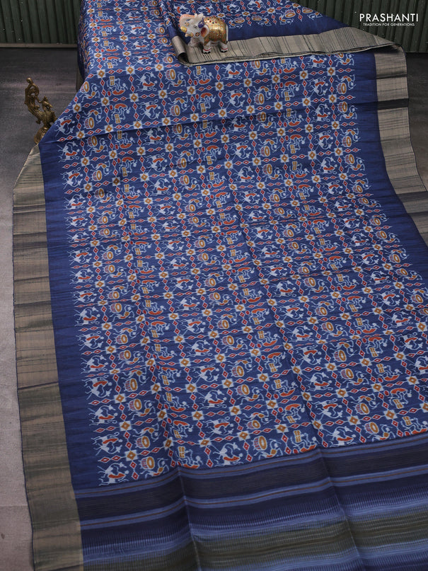Semi matka saree peacock blue with allover patola prints and zari woven border