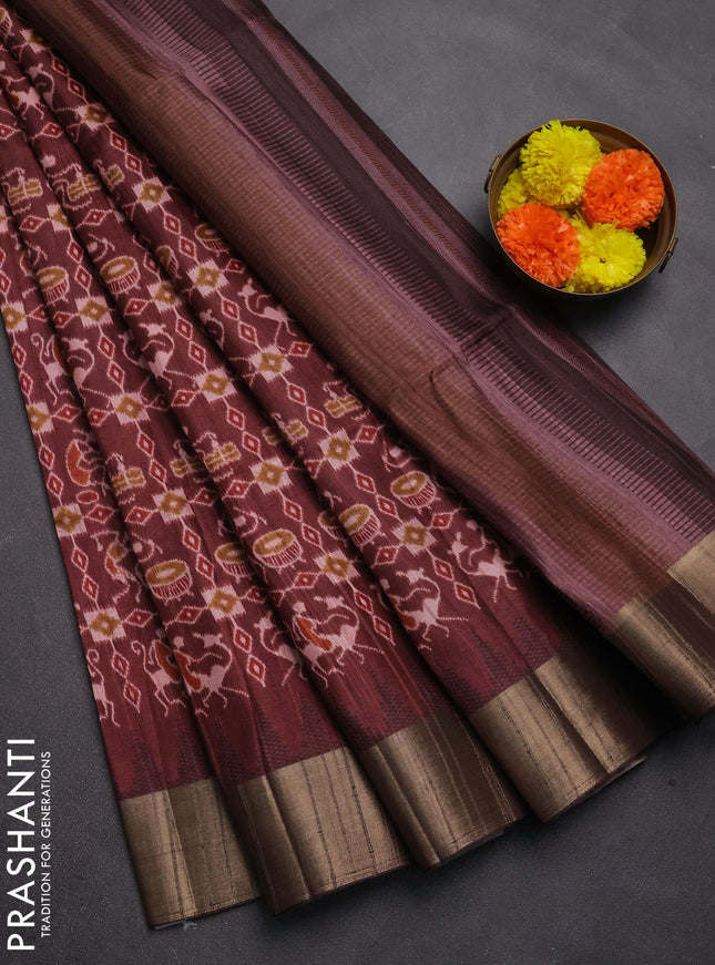 Semi matka saree brown with allover patola prints and zari woven border