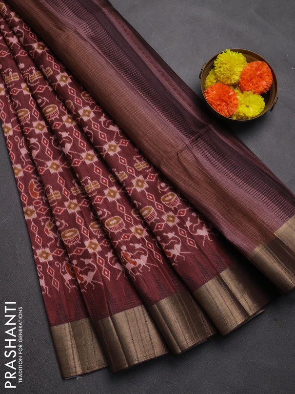 Semi matka saree brown with allover patola prints and zari woven border