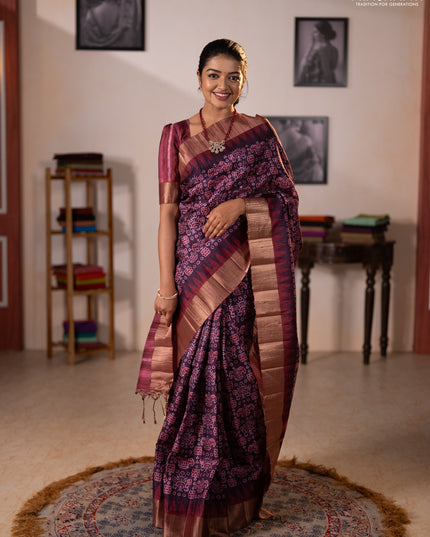 Semi matka saree purple and maroon with allover patola prints and zari woven border