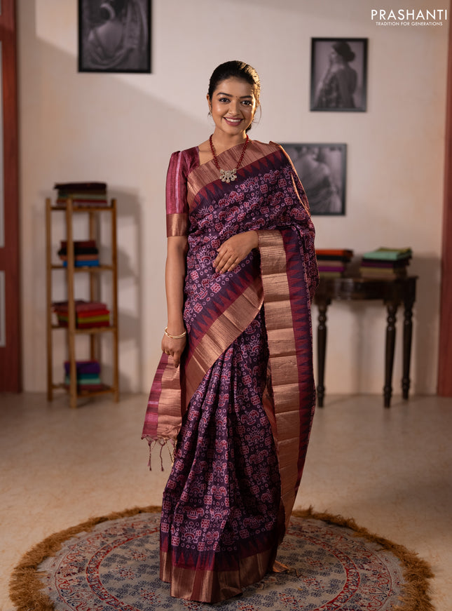 Semi matka saree purple and maroon with allover patola prints and zari woven border