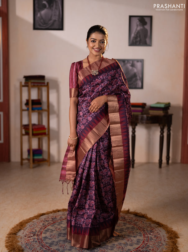 Semi matka saree purple and maroon with allover patola prints and zari woven border