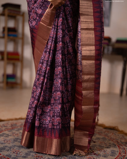 Semi matka saree purple and maroon with allover patola prints and zari woven border