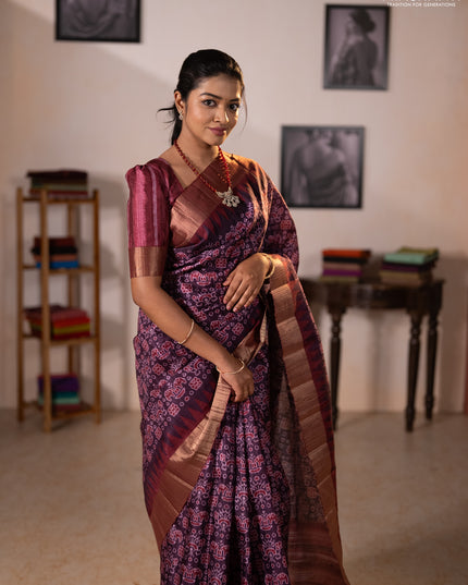 Semi matka saree purple and maroon with allover patola prints and zari woven border