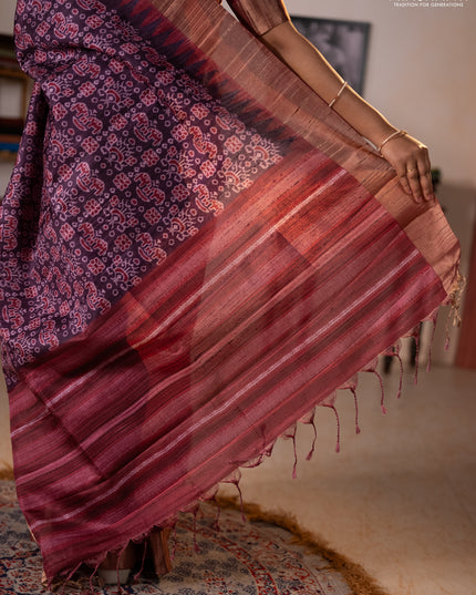 Semi matka saree purple and maroon with allover patola prints and zari woven border