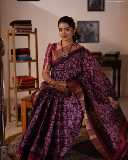 Semi matka saree purple and maroon with allover patola prints and zari woven border