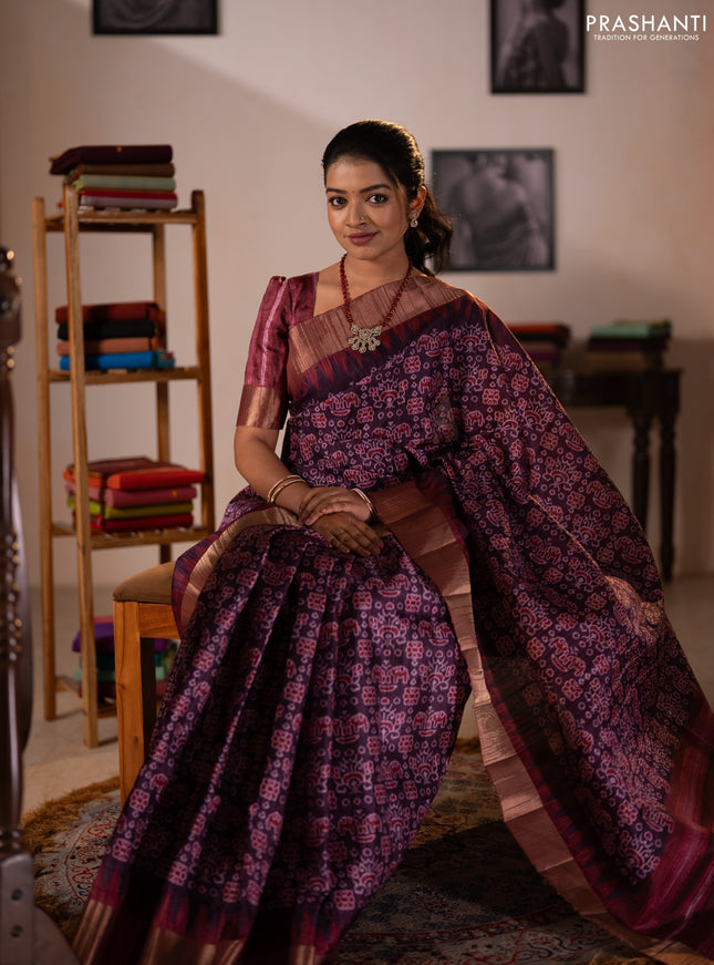 Semi matka saree purple and maroon with allover patola prints and zari woven border