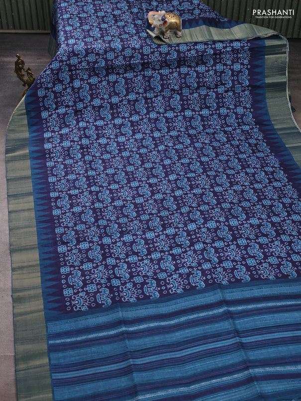 Semi matka saree navy blue and peacock blue with allover patola prints and zari woven border