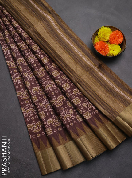 Semi matka saree coffee brown and mehendi green with allover patola prints and zari woven border