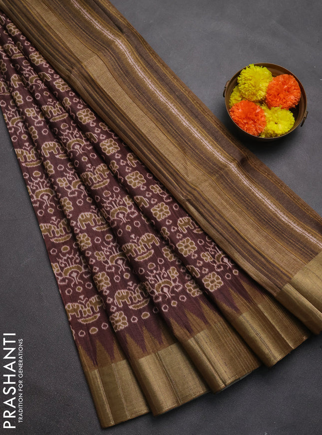 Semi matka saree coffee brown and mehendi green with allover patola prints and zari woven border