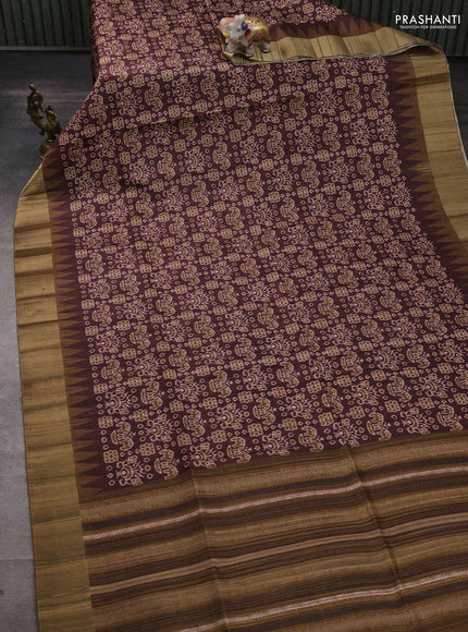 Semi matka saree coffee brown and mehendi green with allover patola prints and zari woven border