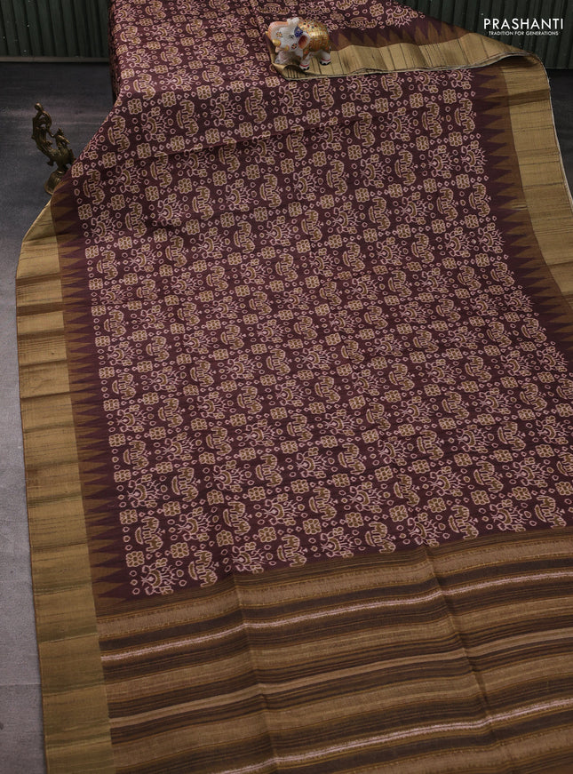 Semi matka saree coffee brown and mehendi green with allover patola prints and zari woven border