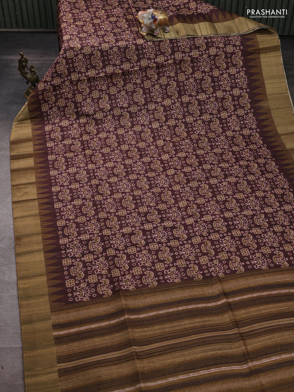 Semi matka saree coffee brown and mehendi green with allover patola prints and zari woven border