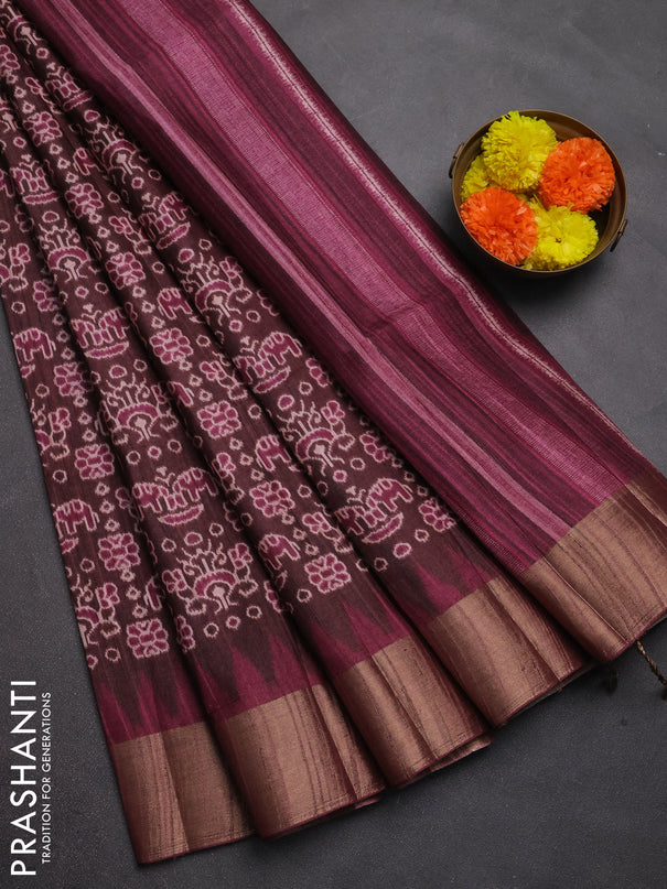 Semi matka saree coffee brown and wine shade with allover patola prints and zari woven border