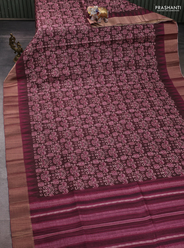 Semi matka saree coffee brown and wine shade with allover patola prints and zari woven border