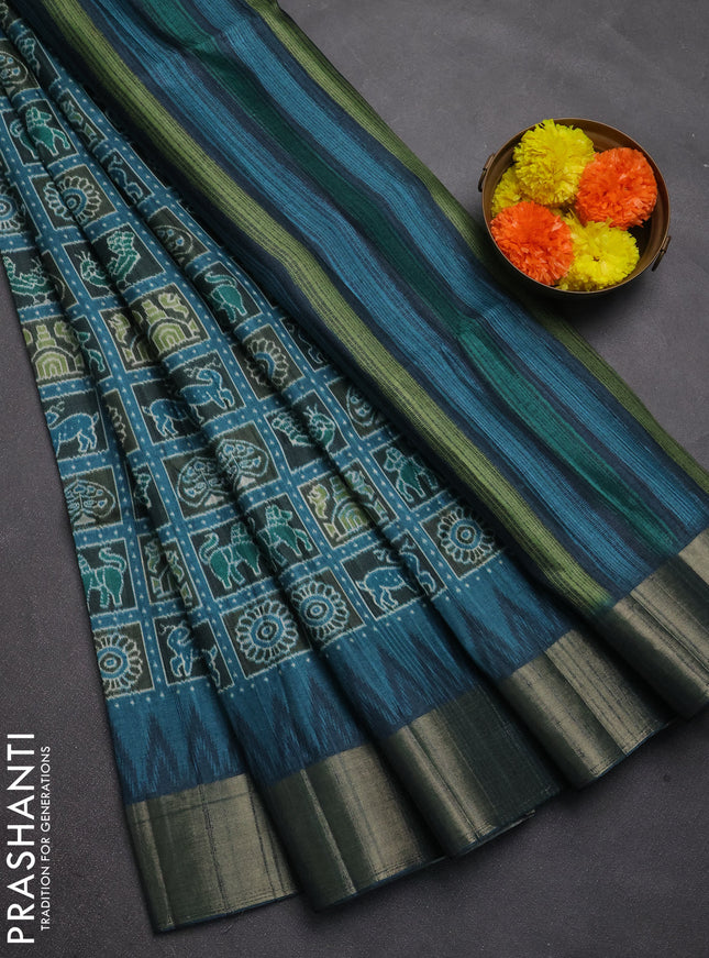 Semi matka saree peacock blue with allover patola prints and zari woven border