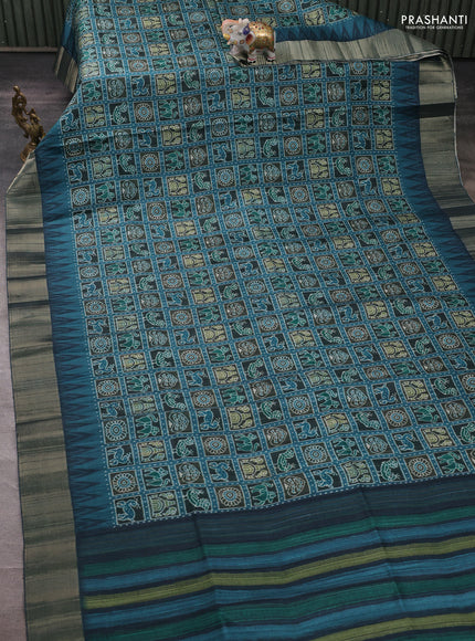 Semi matka saree peacock blue with allover patola prints and zari woven border