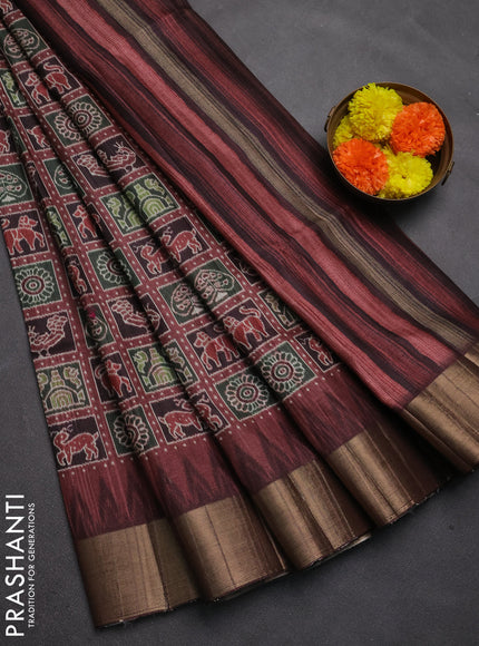 Semi matka saree wine shade and coffee brown with allover patola prints and zari woven border