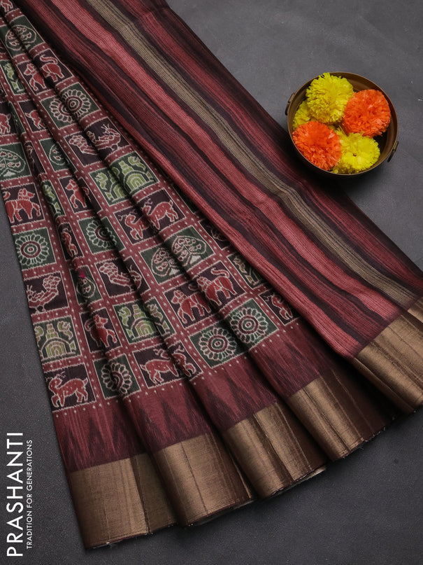 Semi matka saree wine shade and coffee brown with allover patola prints and zari woven border