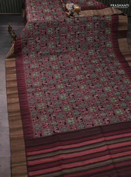 Semi matka saree wine shade and coffee brown with allover patola prints and zari woven border