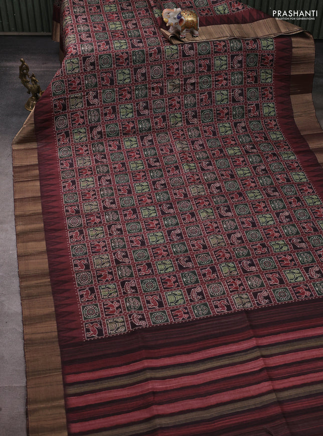 Semi matka saree wine shade and coffee brown with allover patola prints and zari woven border