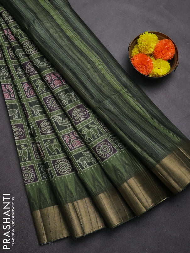 Semi matka saree green and bottle green with allover patola prints and zari woven border