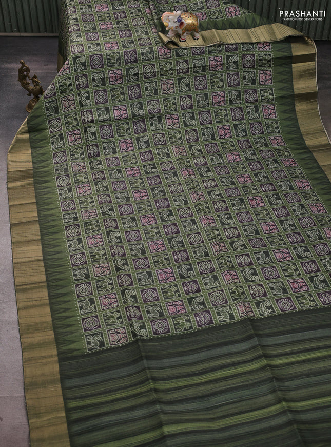 Semi matka saree green and bottle green with allover patola prints and zari woven border