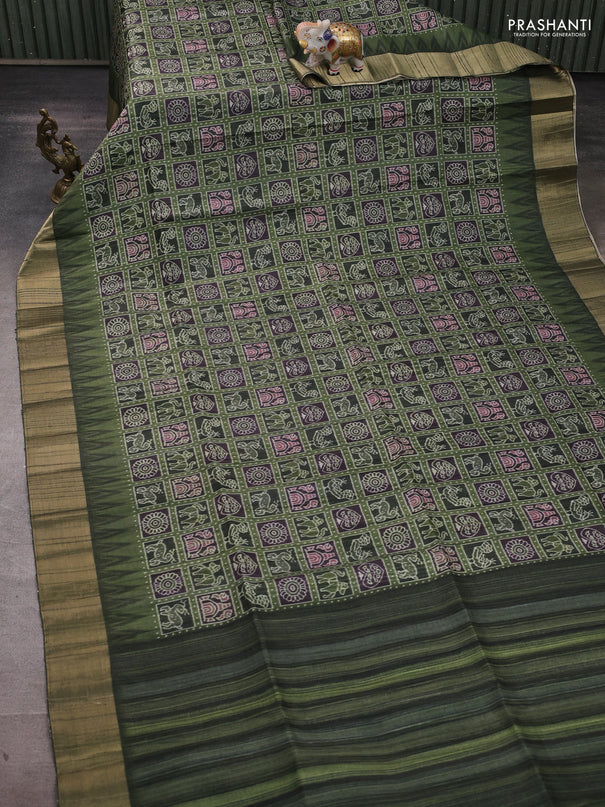 Semi matka saree green and bottle green with allover patola prints and zari woven border