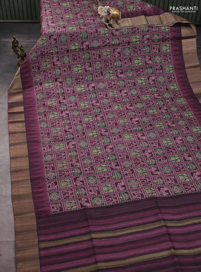 Semi matka saree wine shade and deep purple with allover patola prints and zari woven border