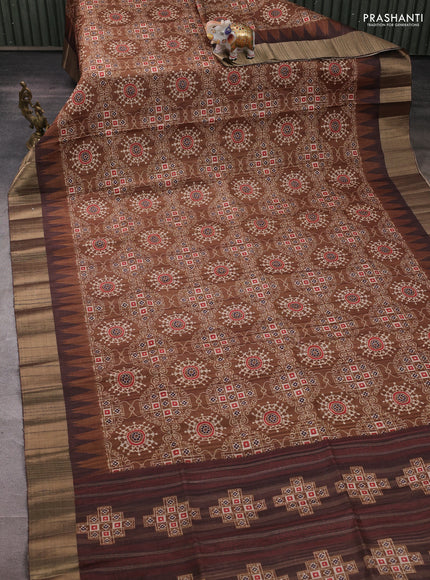 Semi matka saree dark mustard and coffee brown with allover patola prints and zari woven border