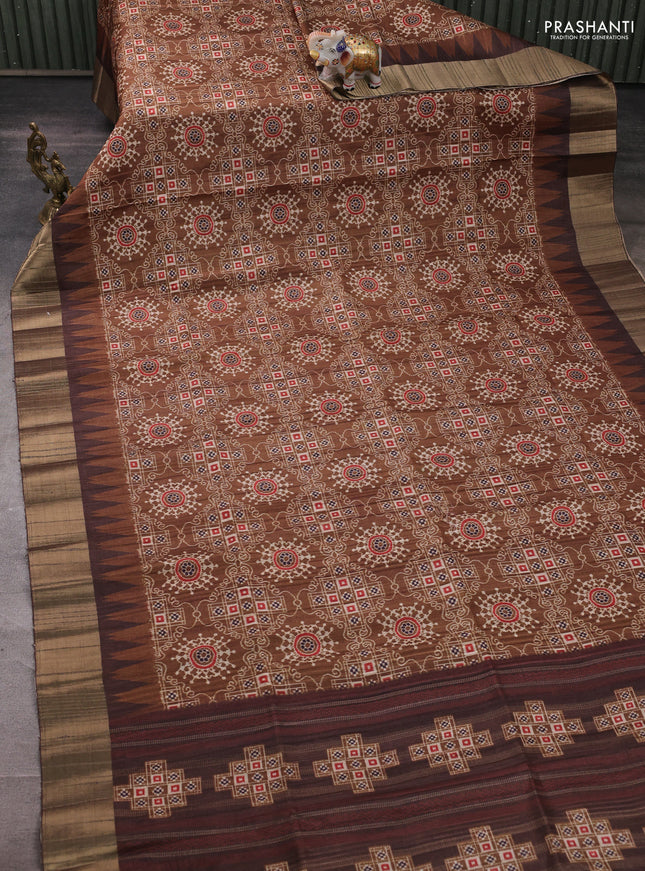 Semi matka saree dark mustard and coffee brown with allover patola prints and zari woven border