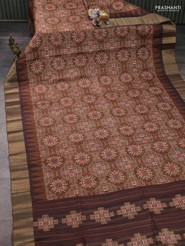 Semi matka saree dark mustard and coffee brown with allover patola prints and zari woven border