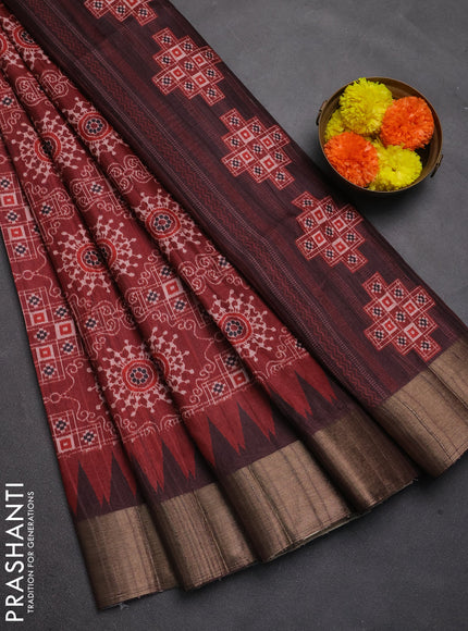 Semi matka saree maroon and coffee brown with allover patola prints and zari woven border
