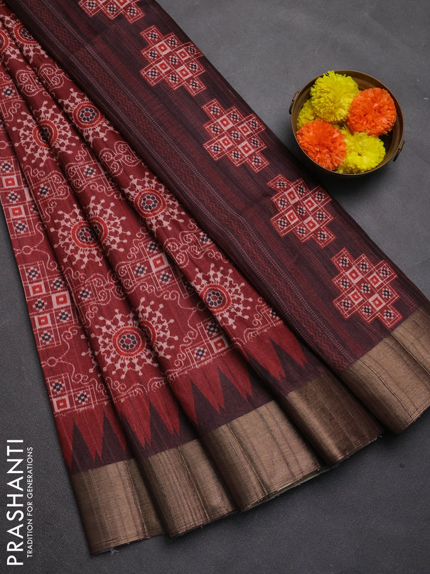 Semi matka saree maroon and coffee brown with allover patola prints and zari woven border
