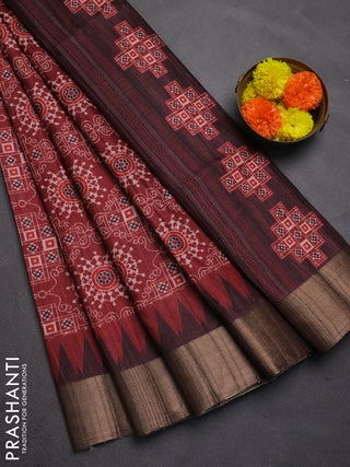 Semi matka saree maroon and coffee brown with allover patola prints and zari woven border
