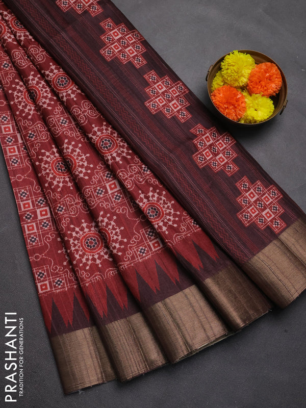 Semi matka saree maroon and coffee brown with allover patola prints and zari woven border