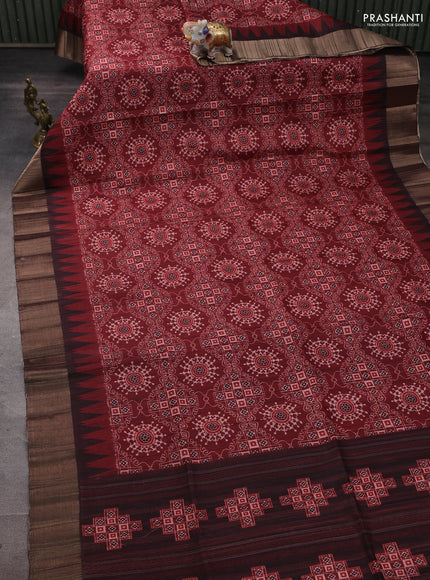Semi matka saree maroon and coffee brown with allover patola prints and zari woven border