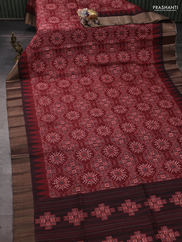 Semi matka saree maroon and coffee brown with allover patola prints and zari woven border