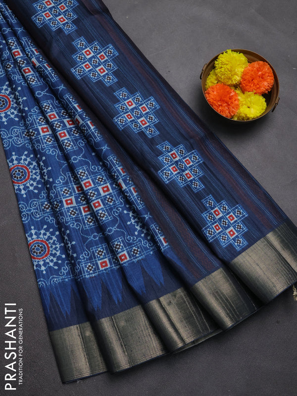 Semi matka saree peacock blue with allover patola prints and zari woven border