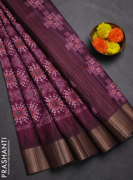 Semi matka saree wine shade and deep purple with allover patola prints and zari woven border