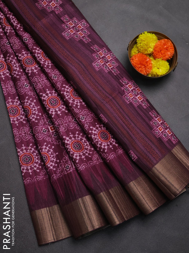 Semi matka saree wine shade and deep purple with allover patola prints and zari woven border