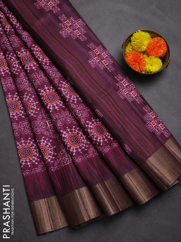 Semi matka saree wine shade and deep purple with allover patola prints and zari woven border